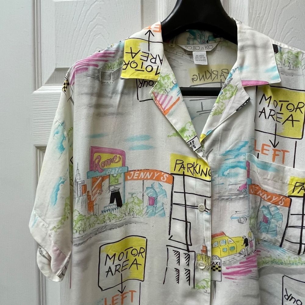 Vintage Toto N Ko Women's Medium 80s Parking Abstract All Over Button Down Artsy